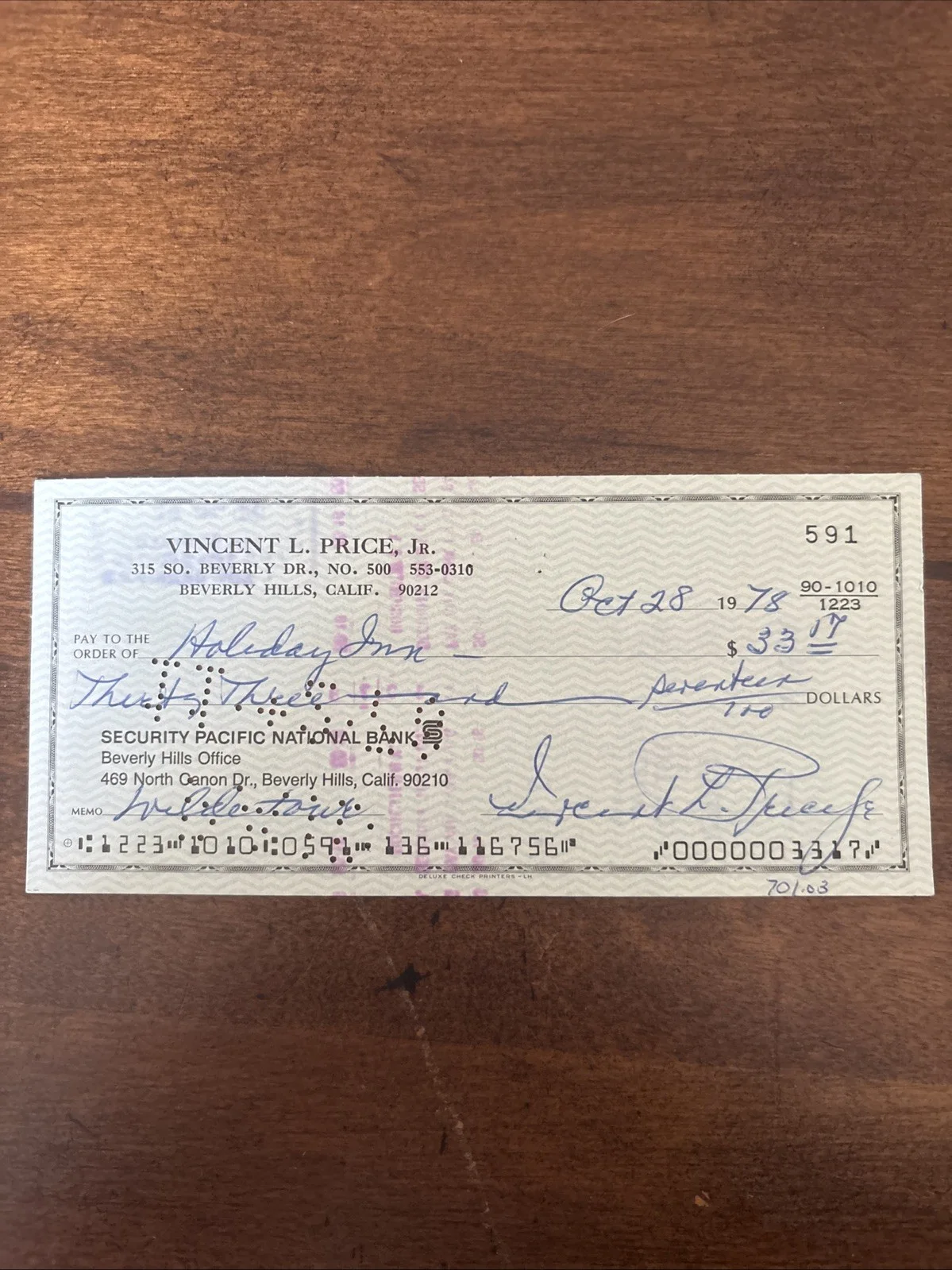 Vincent Price Jr — Vincent Price Jr Signed Check, image 3