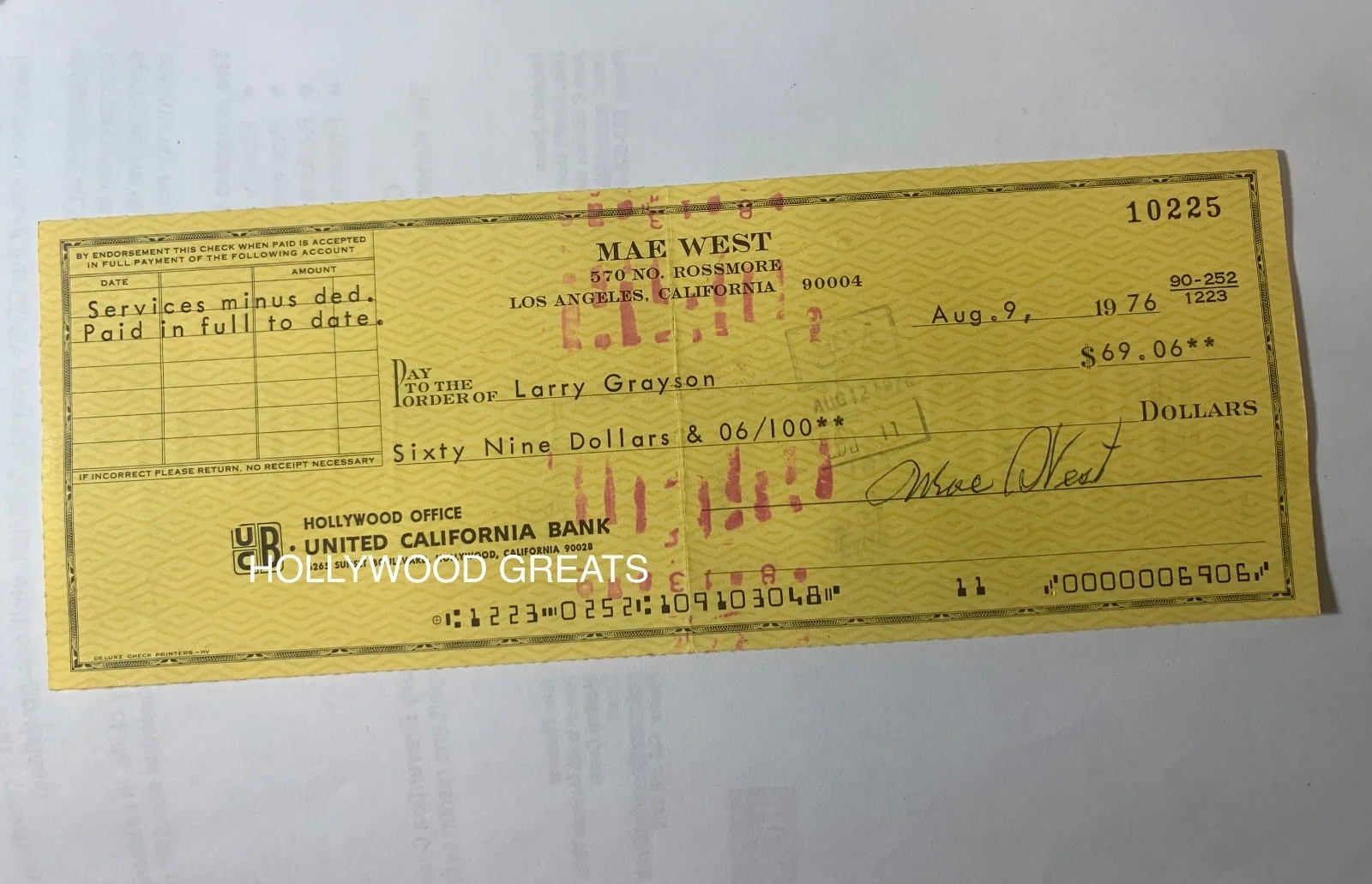 Mae West — MAE WEST personal checks hand signed original autograph