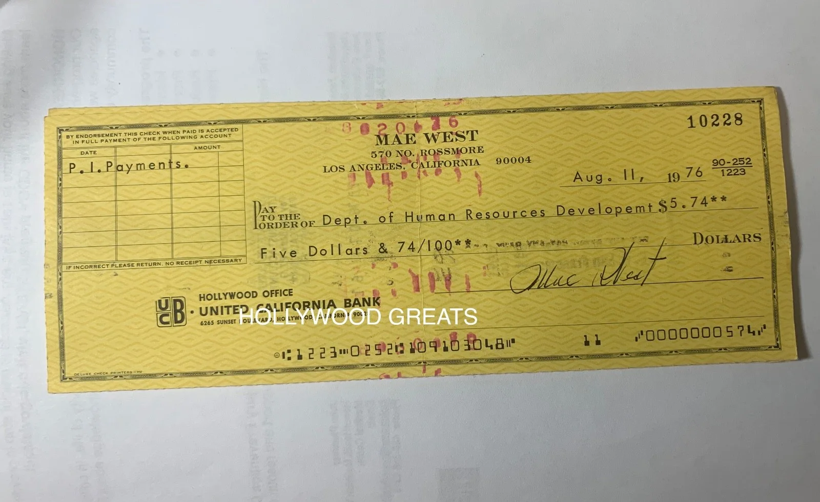 Mae West — MAE WEST personal checks hand signed original autograph, image 2