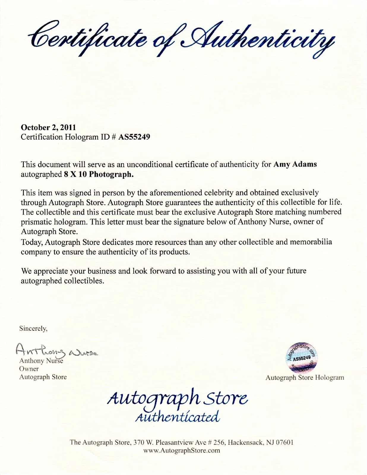 Amy Adams — Amy Adams Autographed Photo 9 w/ COA, изображение 2