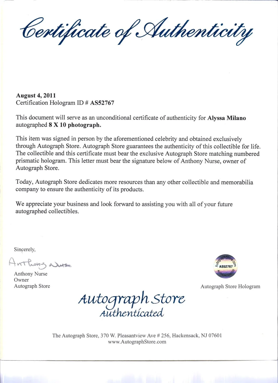 Alyssa Milano — Alyssa Milano Autographed Photo 1 w/ COA, image 2