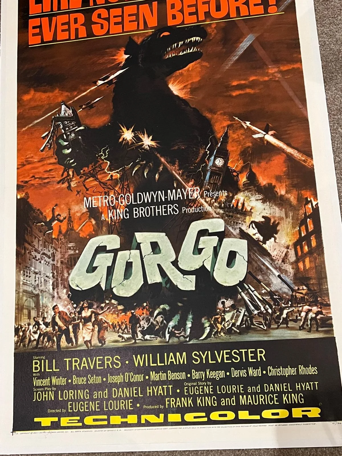 GORGO US 1 Sheet LINEN BACKED Film Poster 1961 BILL TRAVERS WILLIAM SYLVESTER, изображение 5