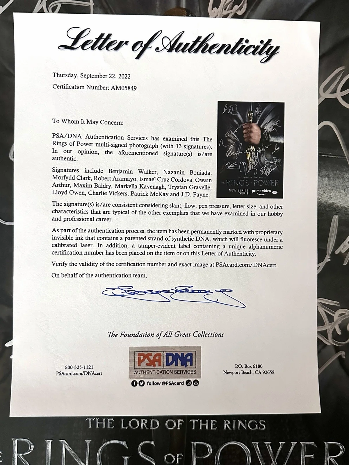 Lord Of The ring 13x Cast Signed The ring Of Power Cast Signed PSA With LOA, изображение 4