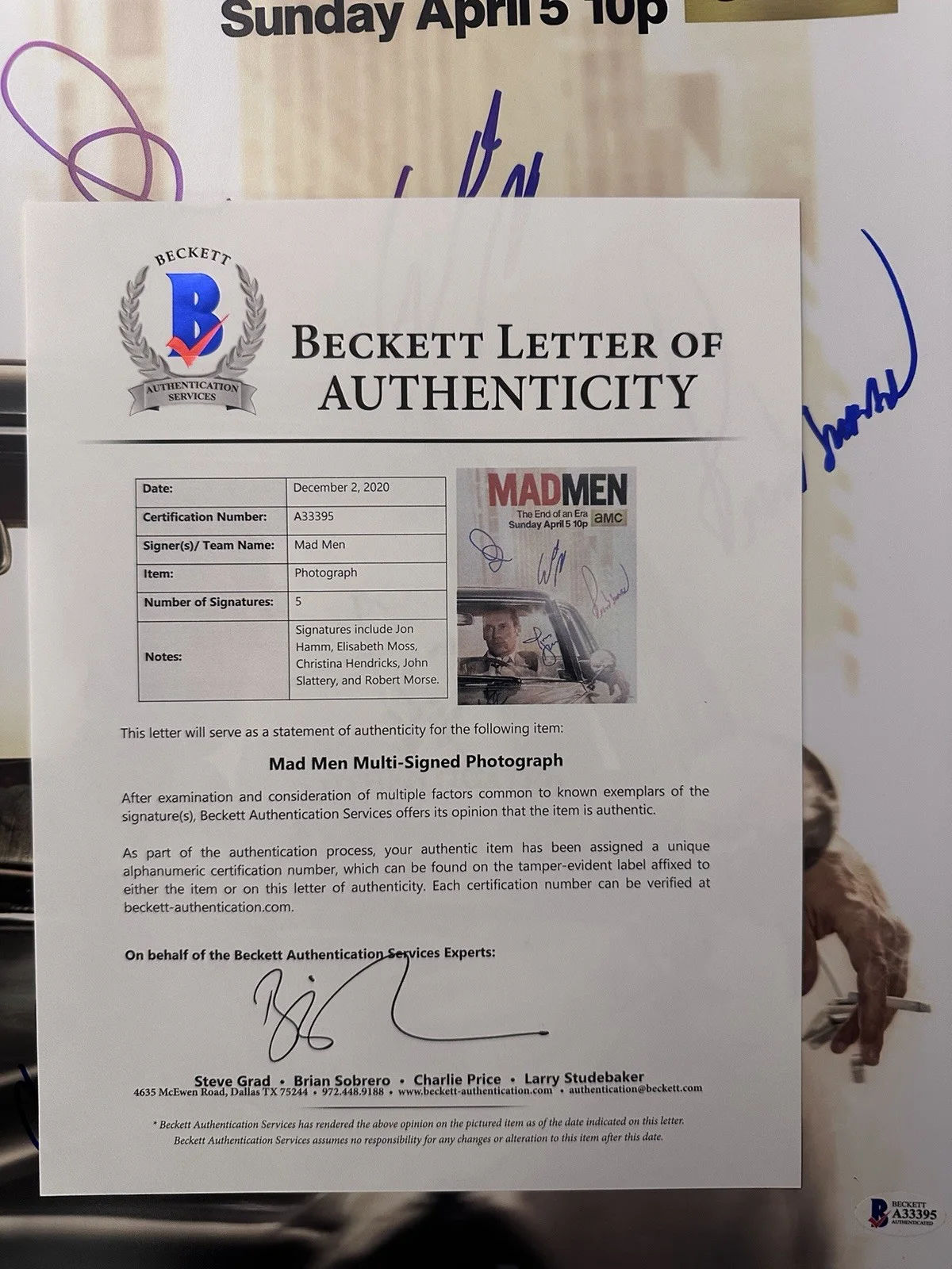 Rare Mad Men Hamm Moss Hendricks Slattery Morse Signed Po Beckett wLOA Auth, image 4