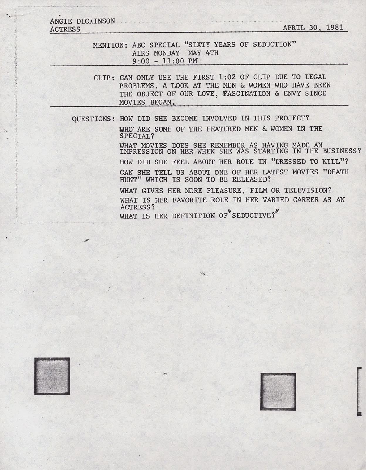 Angie Dickinson — ANGIE DICKINSON - DOCUMENT SIGNED 04/30/1981, image 3
