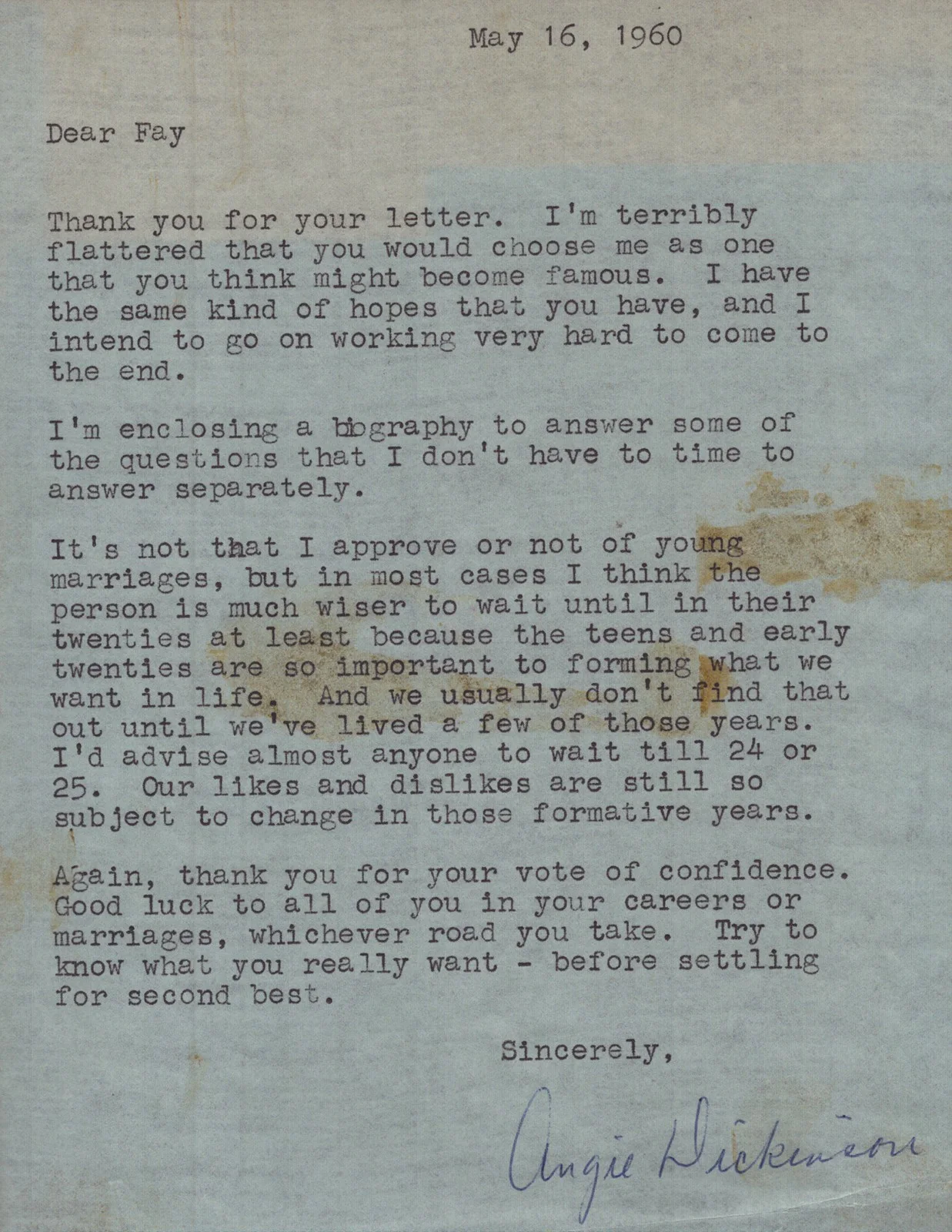 Angie Dickinson — ANGIE DICKINSON - TYPED LETTER SIGNED 05/16/1960