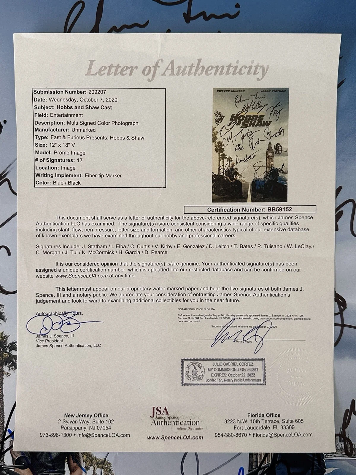 Hobbs & Shaw 12x18 Movie PosterJason Statham & Cast Signed JSA Certified LOA, изображение 5