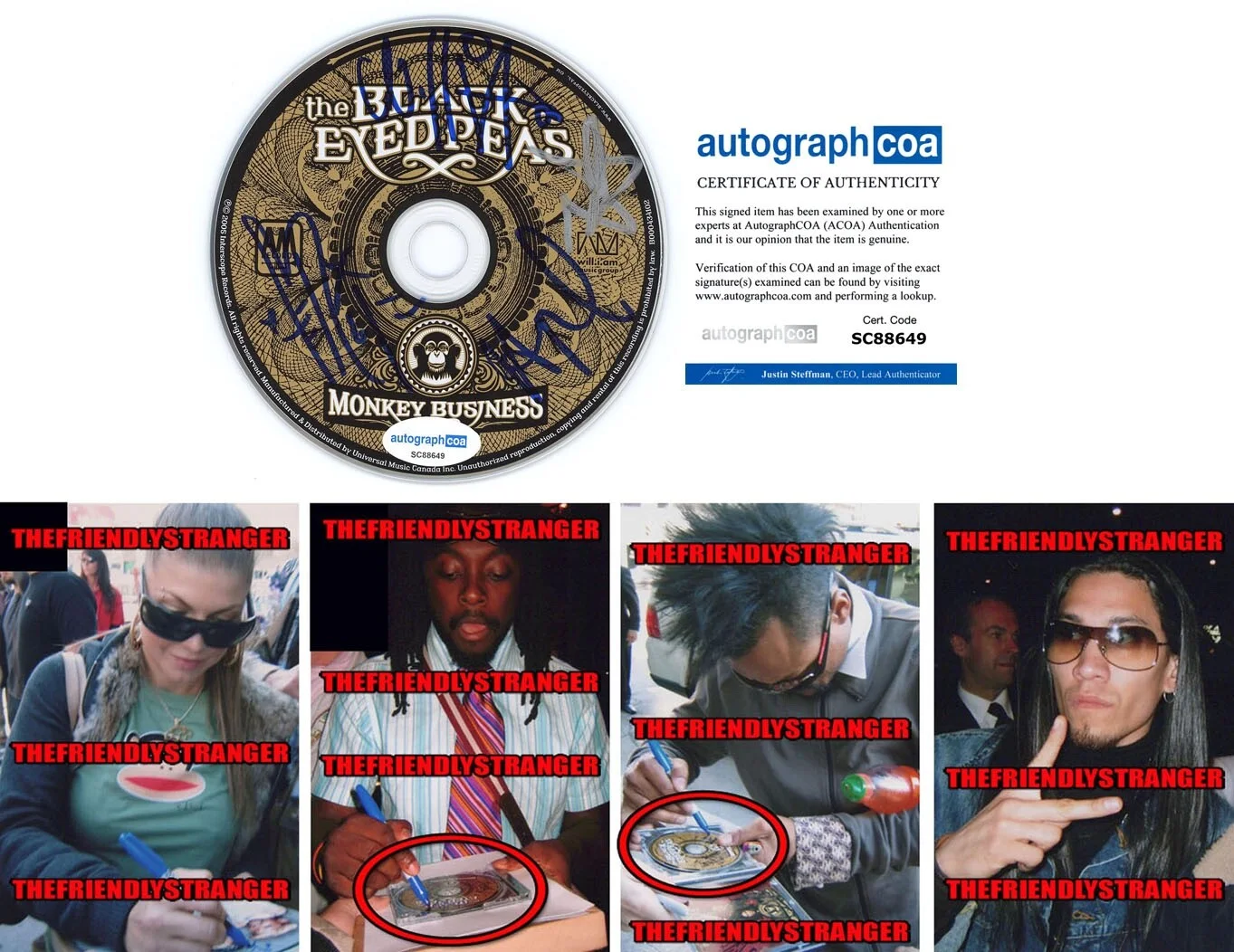 FERGIE, WILL.I.AM, BLACK EYED PEAS — BLACK EYED PEAS All 4 signed "MONKEY BUSINESS" CD EXACT PROOF Fergie ACOA COA
