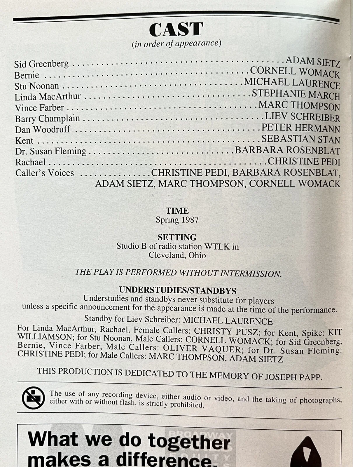 TALK RADIO Signed IP Broadway Playbill Adam Sietz Liev Schreiber Sebastian Stan, изображение 2