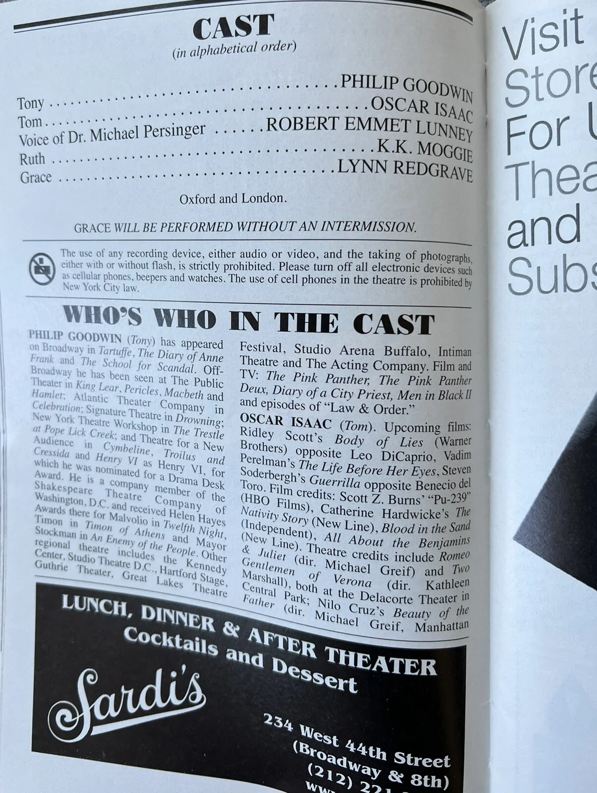 GRACE Signed IP Broadway Playbill - Lynn Redgrave, Oscar Isaac, KK Moggie & More, изображение 2
