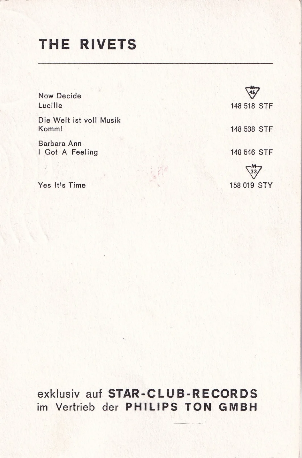 The Rivets - 1960's Star Club Card - Fully Original Signed, image 2