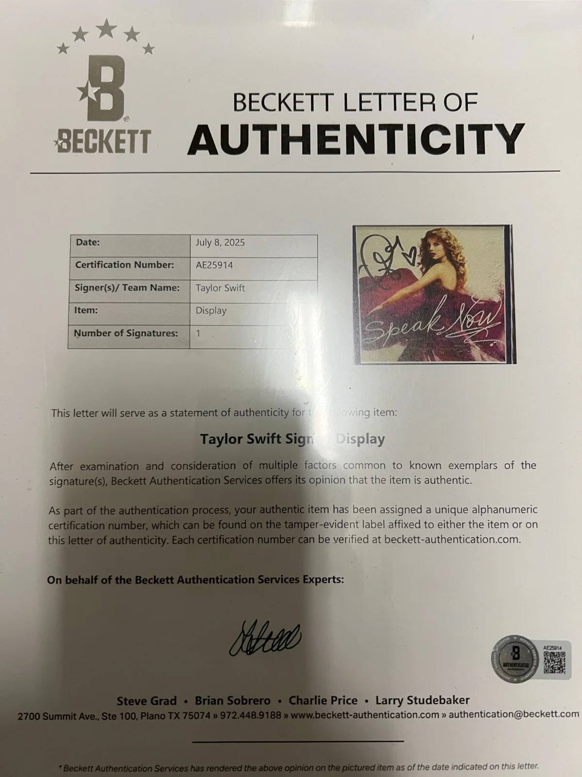 Taylor Swift Signed Speak Now CD Album 26.5x33.5" World Tour Display Beckett LOA, изображение 5