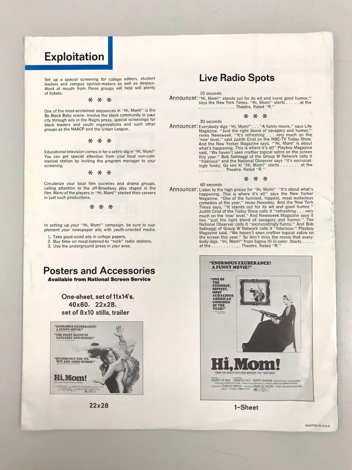 HI MOM Original Movie Press Booklet ROBERT DE NIRO BRIAN DE PALMA ALLEN GARFIELD, изображение 5