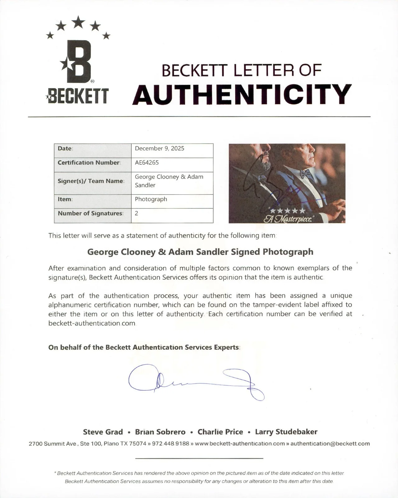 George Clooney, Adam Sandler — George Clooney & Adam Sandler Jay Kelly Authentic Signed 11x14 Photo BAS AE64265, image 2