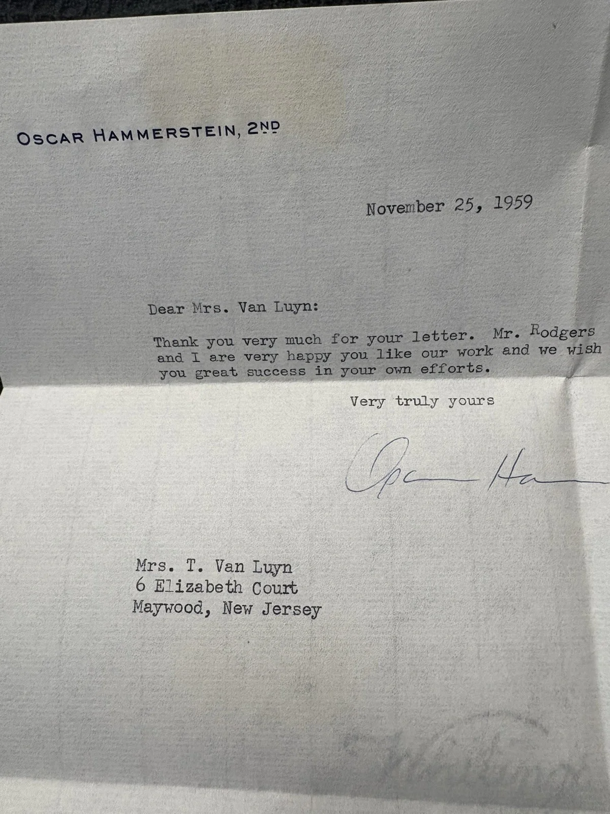 OSCAR HAMMERSTEIN II November 1959 Typed Letter on letterhead Autograph, изображение 2