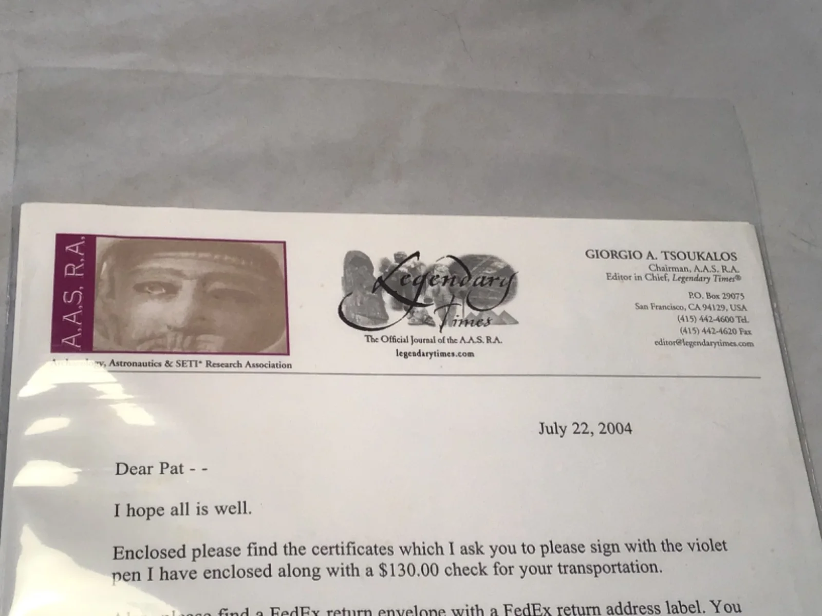 Giorgio Tsoukalos — Giorgio Tsoukalos Letterhead Business Correspondence Signed, image 2