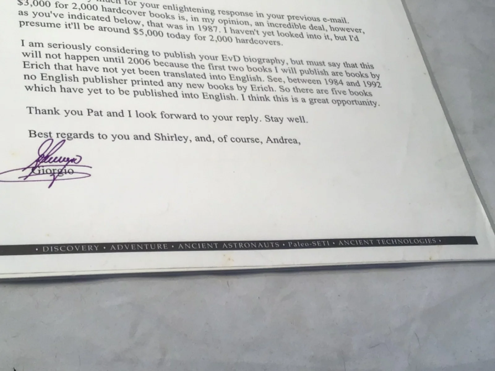 Giorgio Tsoukalos — Giorgio Tsoukalos Letterhead Business Correspondence Signed, image 4