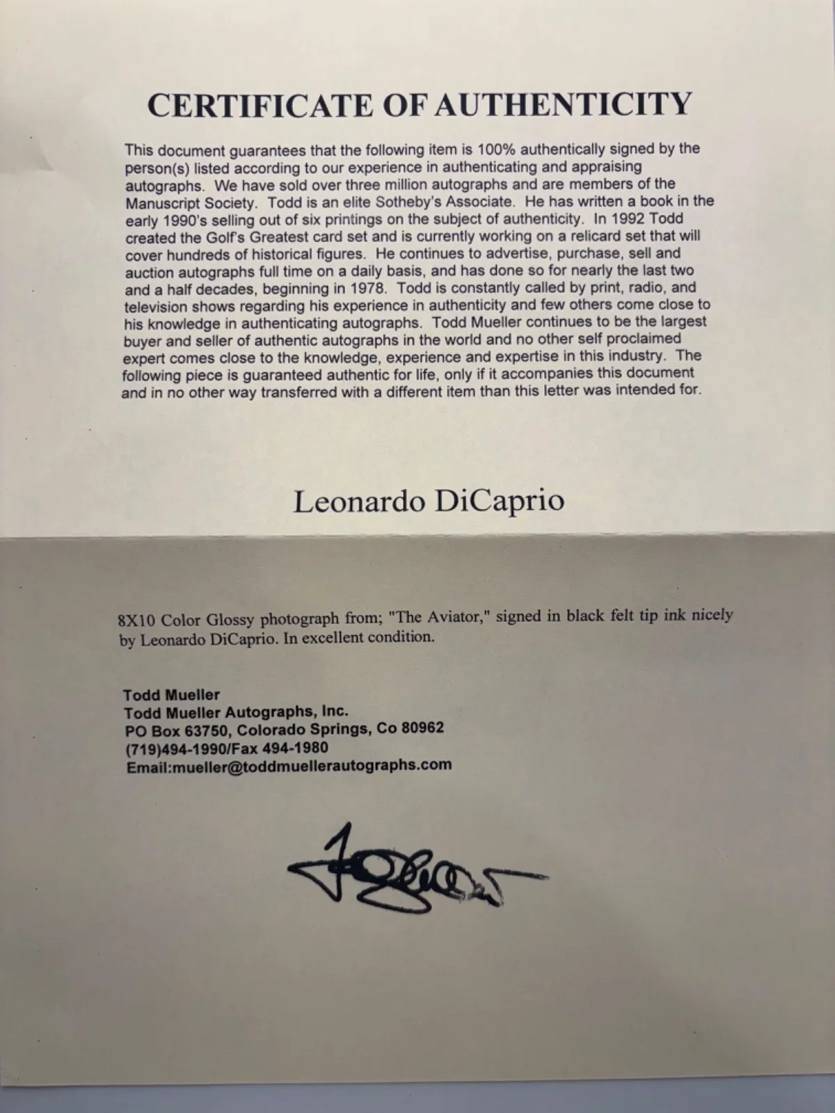 Leonardo dicaprio — Leonardo DiCaprio signed Aviator photo, coa from Todd Mueller, image 2