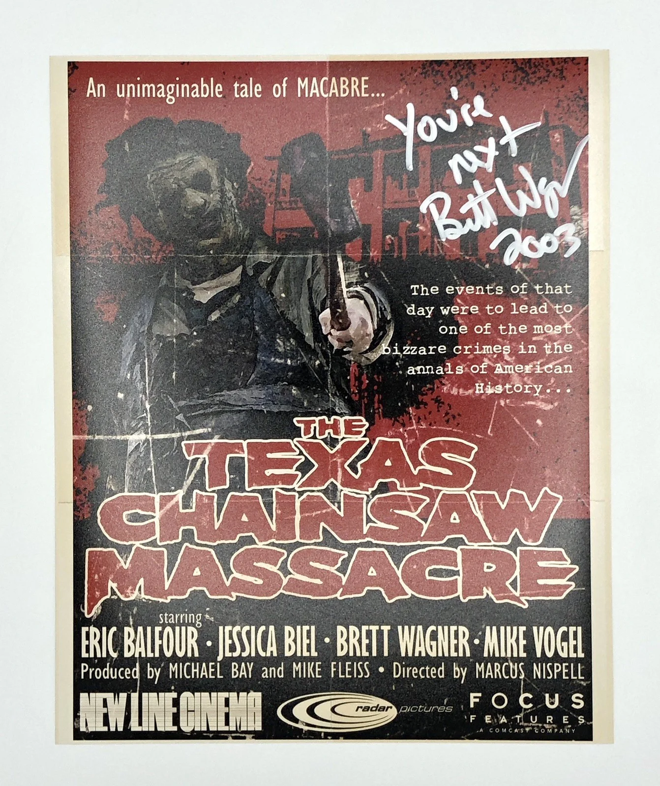 Brett Wagner — Brett Wagner Signed 8x10 Texas Chainsaw Massacre (2003) Photo w/ COA