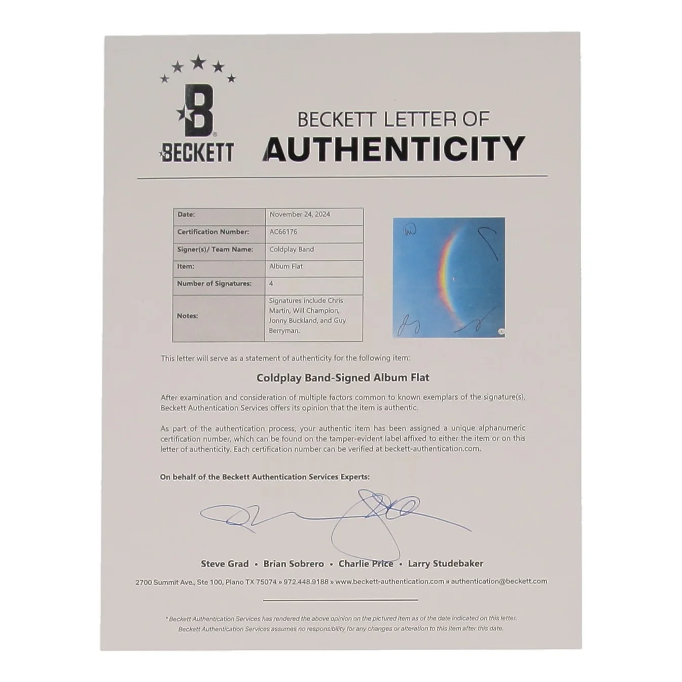 Coldplay “Moon Music” Album Flat – Fully Band-Signed - Beckett LOA, изображение 2