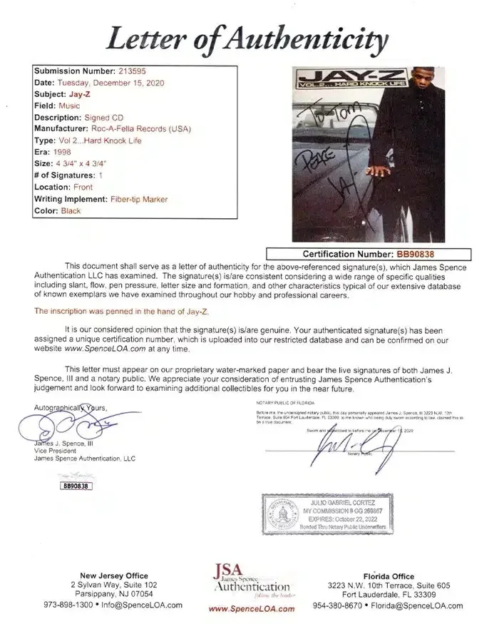 Jay Z signed CD Insert Vol. 2... Hard Knock Life TO TOM JSA Authentication, image 3