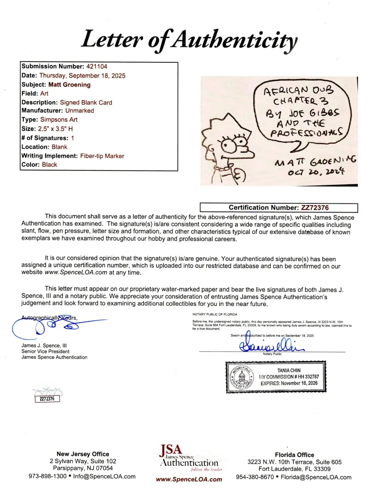 Matt Groening — Matt Groening signed & sketched 2.5x3.5 Blank Card Lisa JSA Authentication, изображение 3
