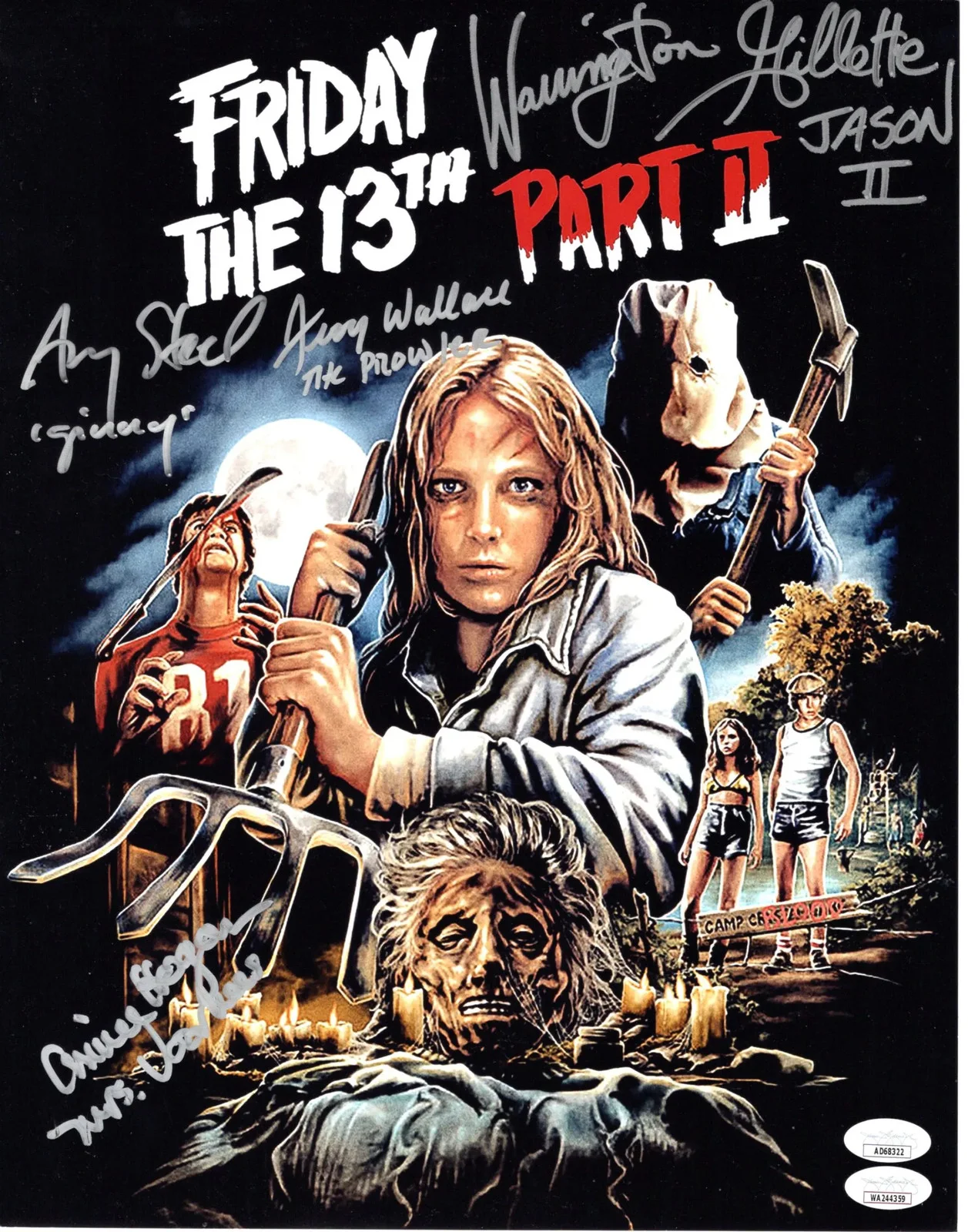 Warrington Gillette, Connie Hogan, Jerry Wallace, Amy Steel — Friday the 13th Part 2 Cast X4 signed 11x14 Photo Jason Voorhees Amy Steel JSA