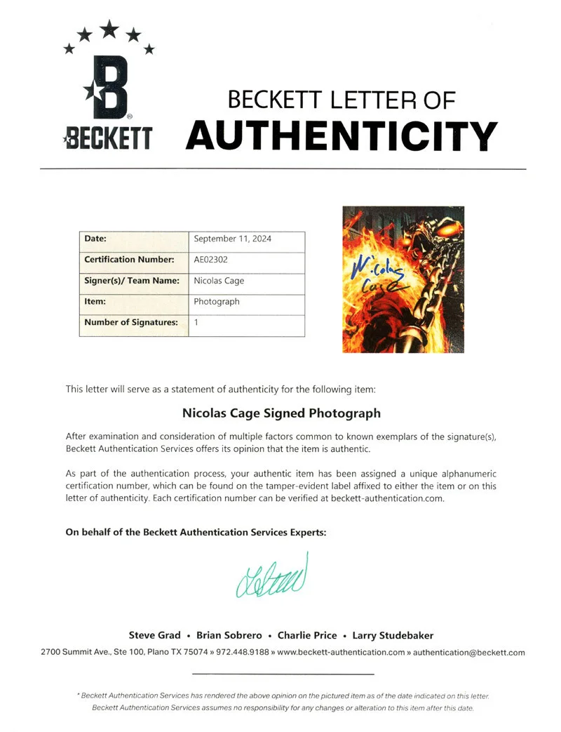NICOLAS CAGE SIGNED AUTOGRAPHED 8x10 PHOTO JOHNNY BLAZE GHOST RIDER BECKETT BAS, image 2