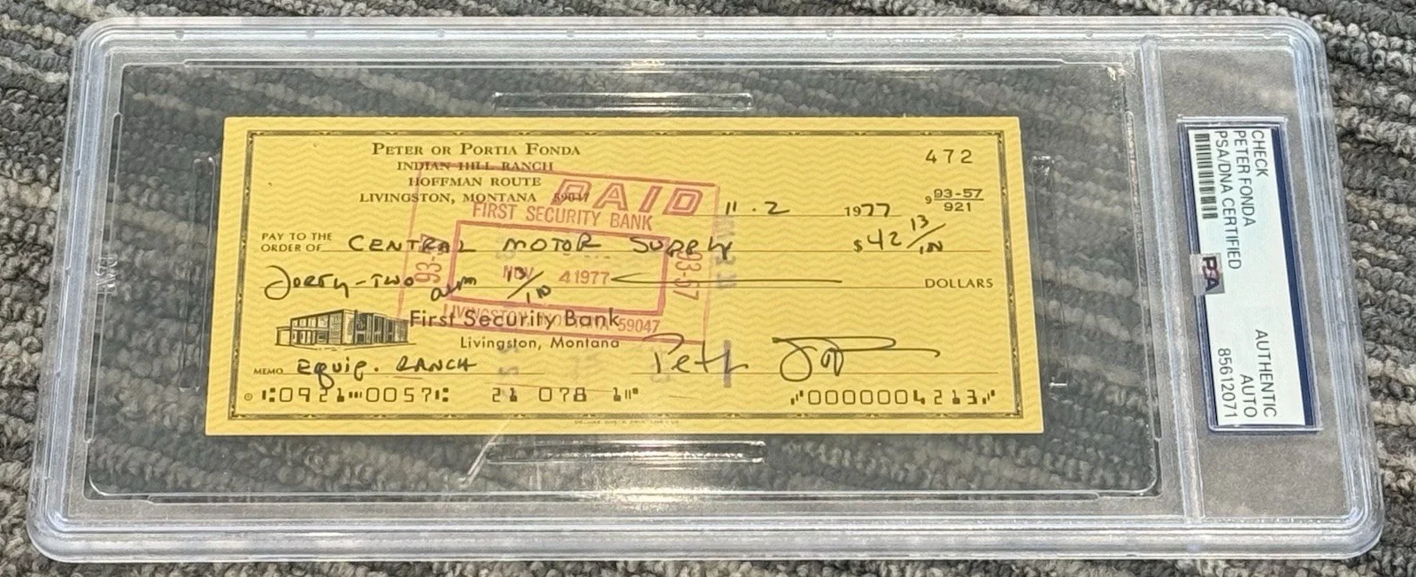 Peter Fonda — Peter Fonda Signed Autograph Authentic 1977 Bank Check PSA/DNA Encapsulated