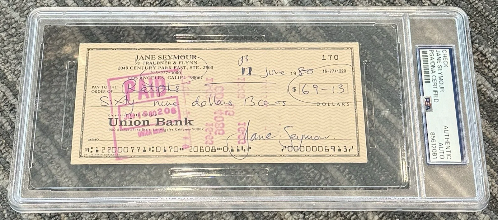 Jane Seymour — Jane Seymour Signed Autograph 1980 Authentic Bank Check PSA/DNA Encapsulated