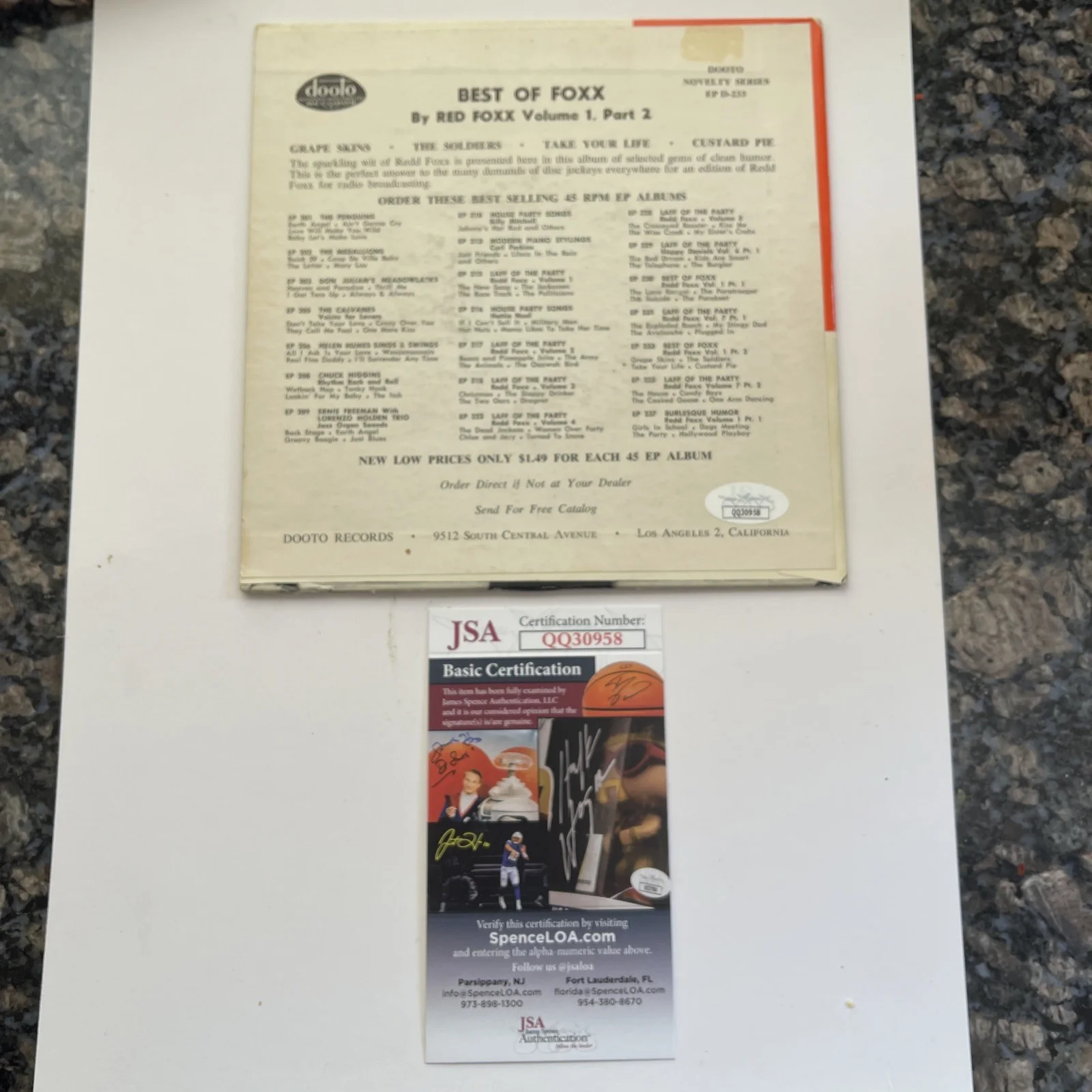 Red Foxx Signed Record Cover JSA Certificate, image 3