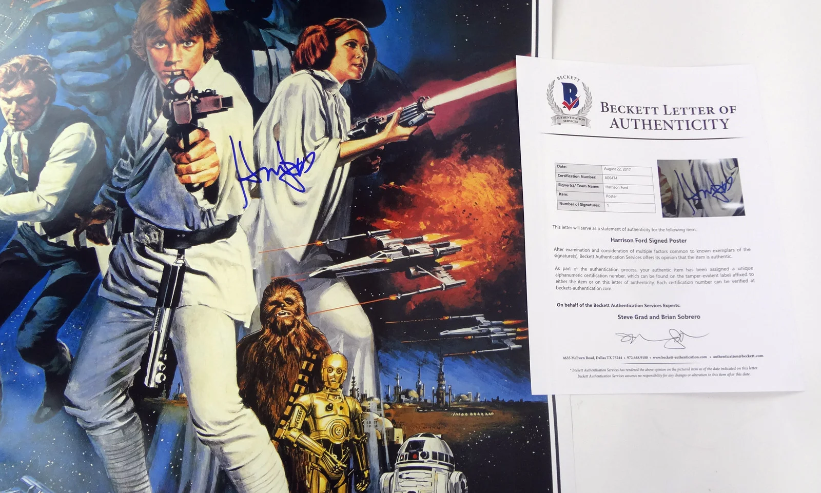 Harrison Ford — Harrison Ford Signed Autograph Full Size Star Wars Movie Poster Beckett BAS COA, image 2