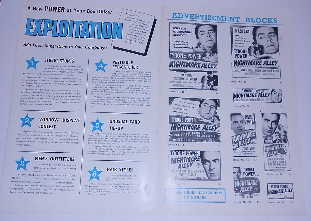 NIGHTMARE ALLEY. 1947 FILM NOIR. TYRONE POWER. ORIGINAL UK CAMPAIGN PRESS BOOK., изображение 3