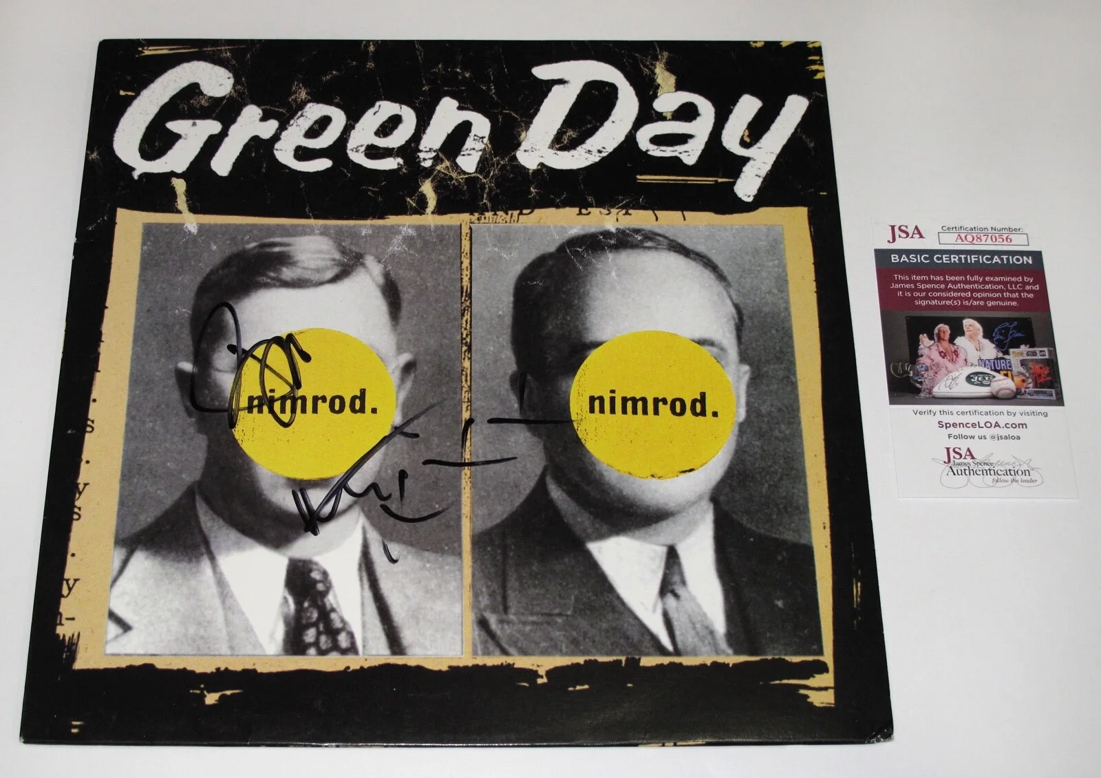 BILLY JOE ARMSTRONG, MIKE DIRNT - GREEN DAY — Billy Joe Armstrong & Mike Dirnt signed GREEN DAY "NIMROD" Album Cover JSA COA, image 5