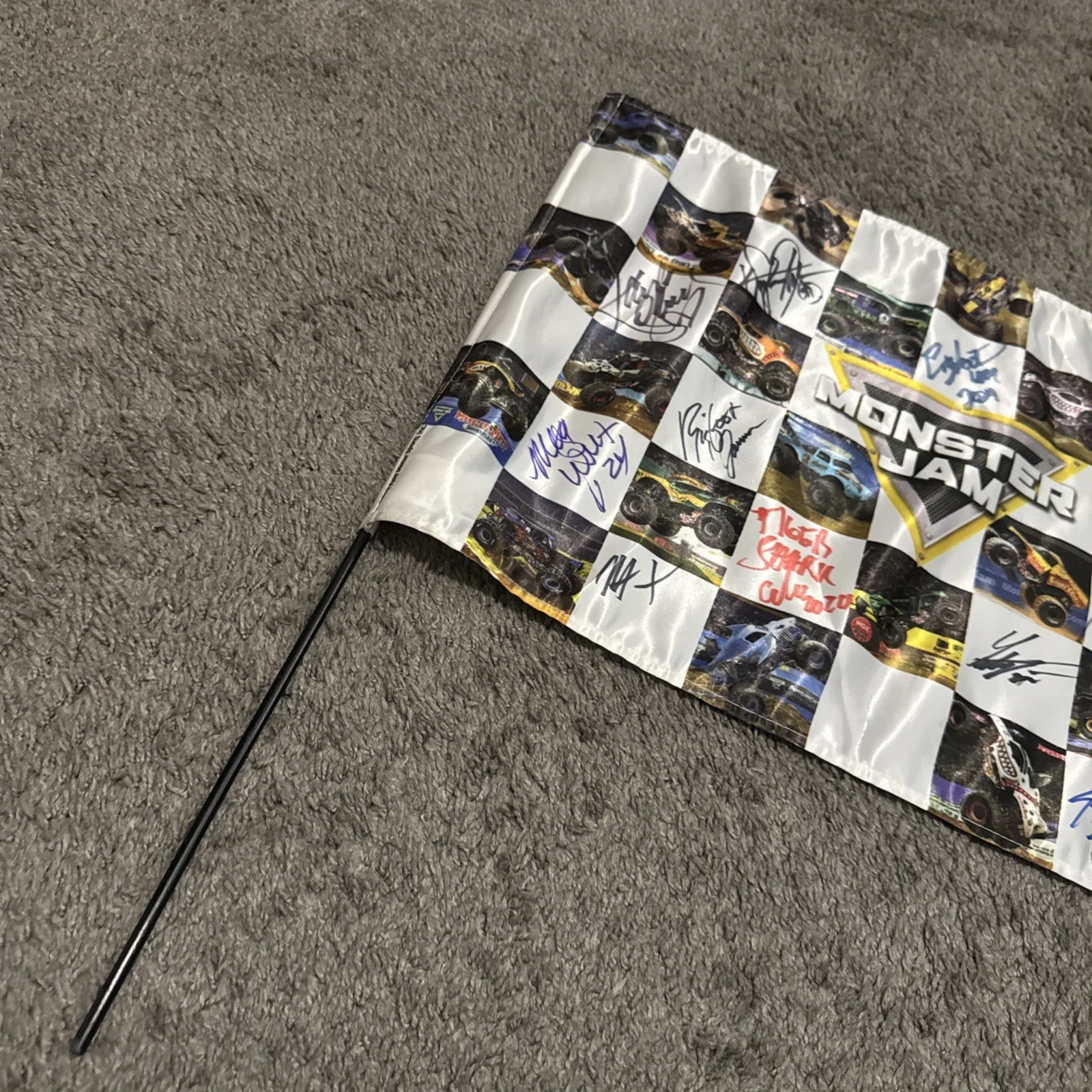 Megalodon / Grave Digger / MORE — Autographed 2019 Monster Jam Flag | 21”x15” | Signed By 11 Various Drivers, image 2
