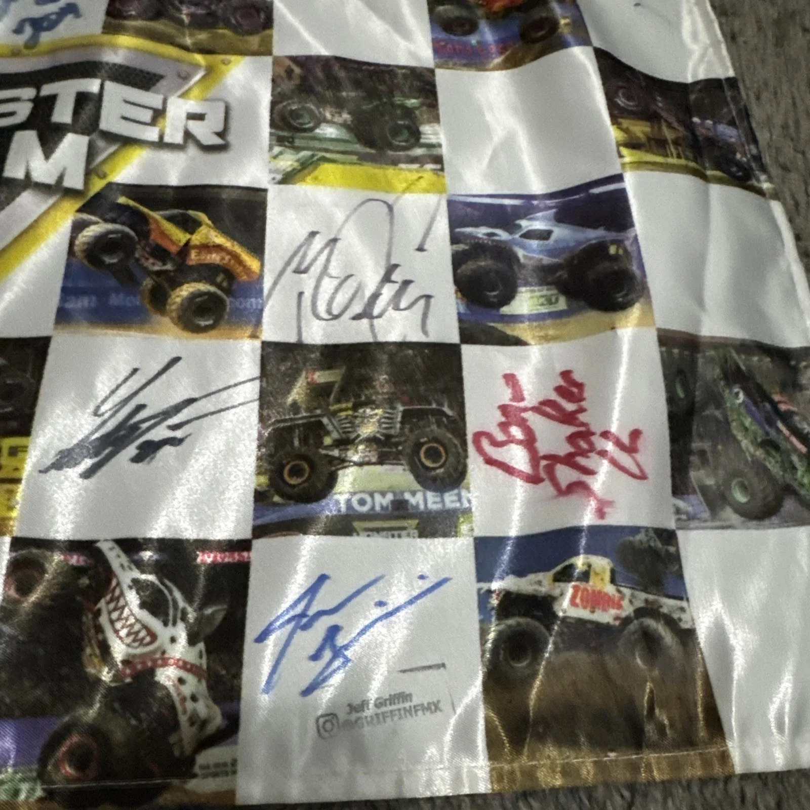 Megalodon / Grave Digger / MORE — Autographed 2019 Monster Jam Flag | 21”x15” | Signed By 11 Various Drivers, image 5