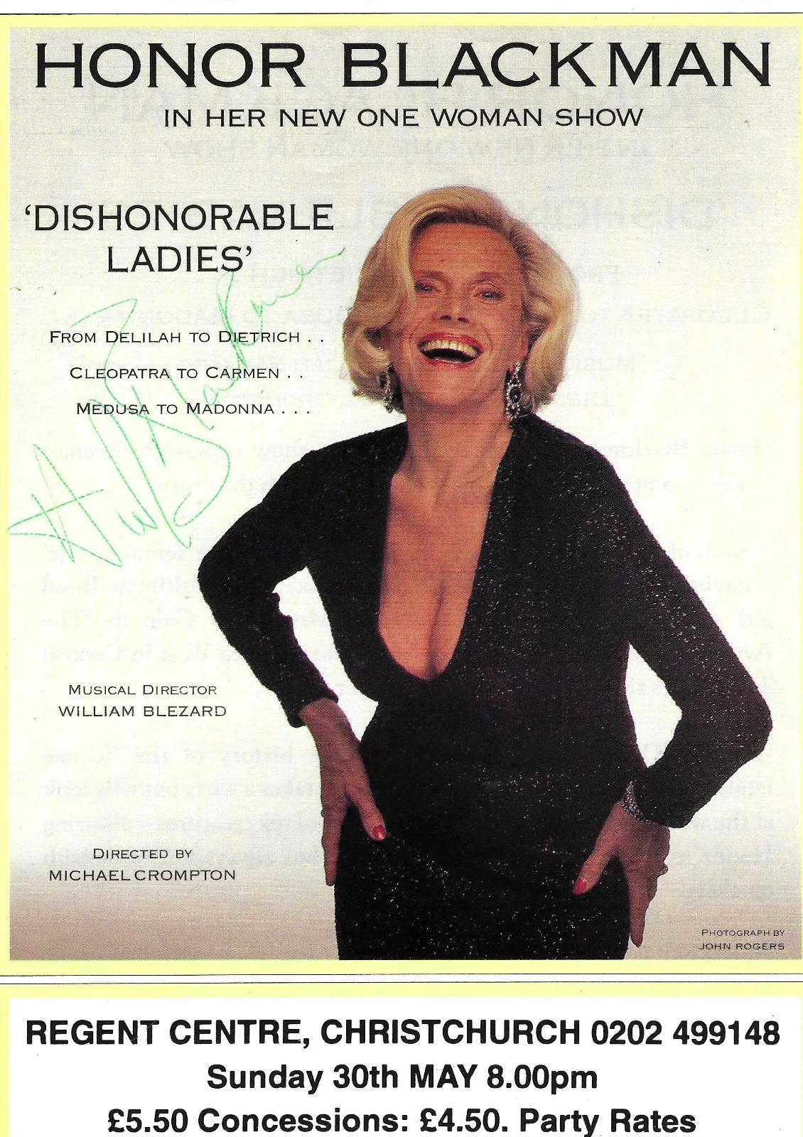 HONOR BLACKMAN — HONOR BLACKMAN signed theater flyer "Dishonorable Ladies" with COA .. UNIQUE