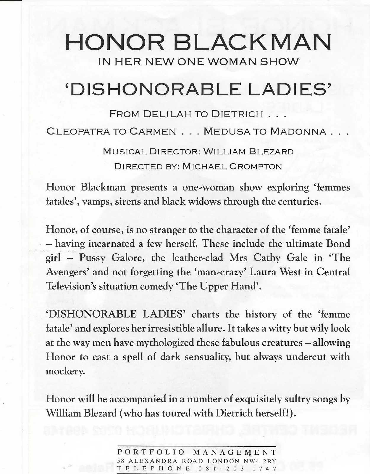 HONOR BLACKMAN — HONOR BLACKMAN signed theater flyer "Dishonorable Ladies" with COA .. UNIQUE, изображение 3
