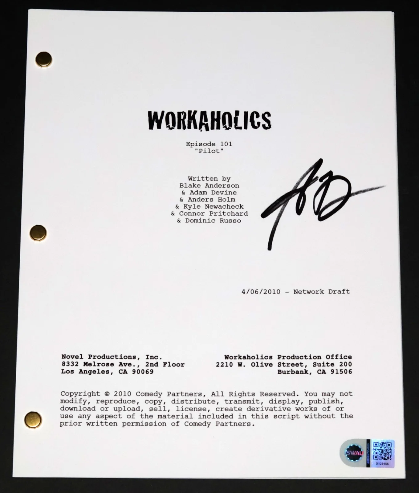 Adam DeVine — ADAM DEVINE Signed WORKAHOLICS Pilot SCRIPT + SWAU COA Autograph