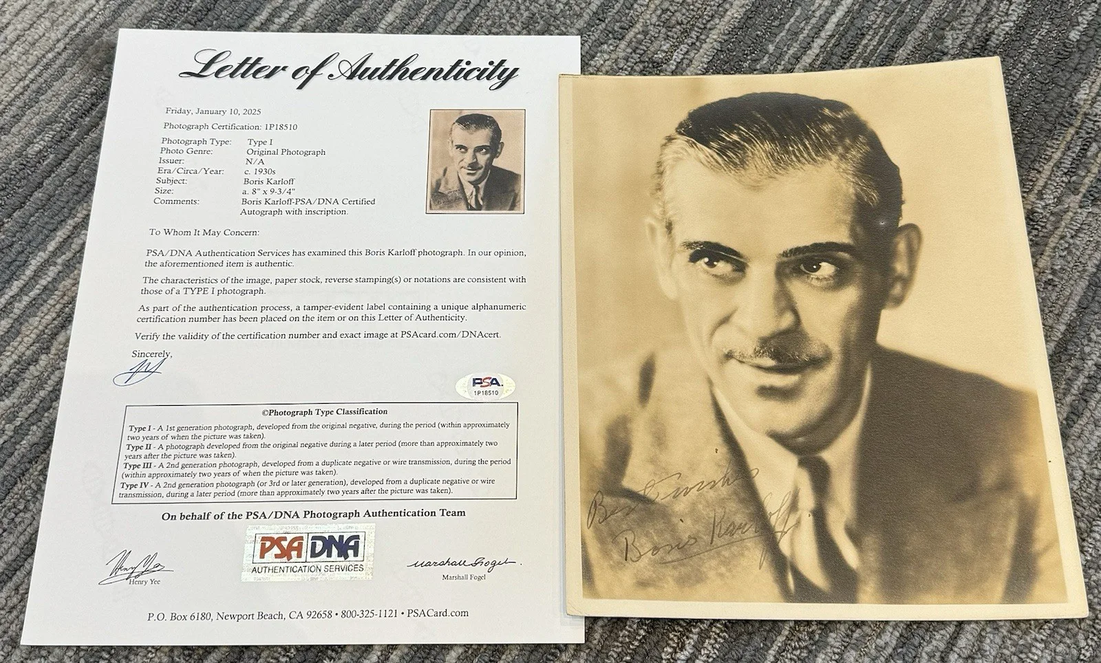 Boris Karloff — Boris Karloff Signed Autograph 8x10 Type 1 Photo PSA/DNA Authentic Frankenstein