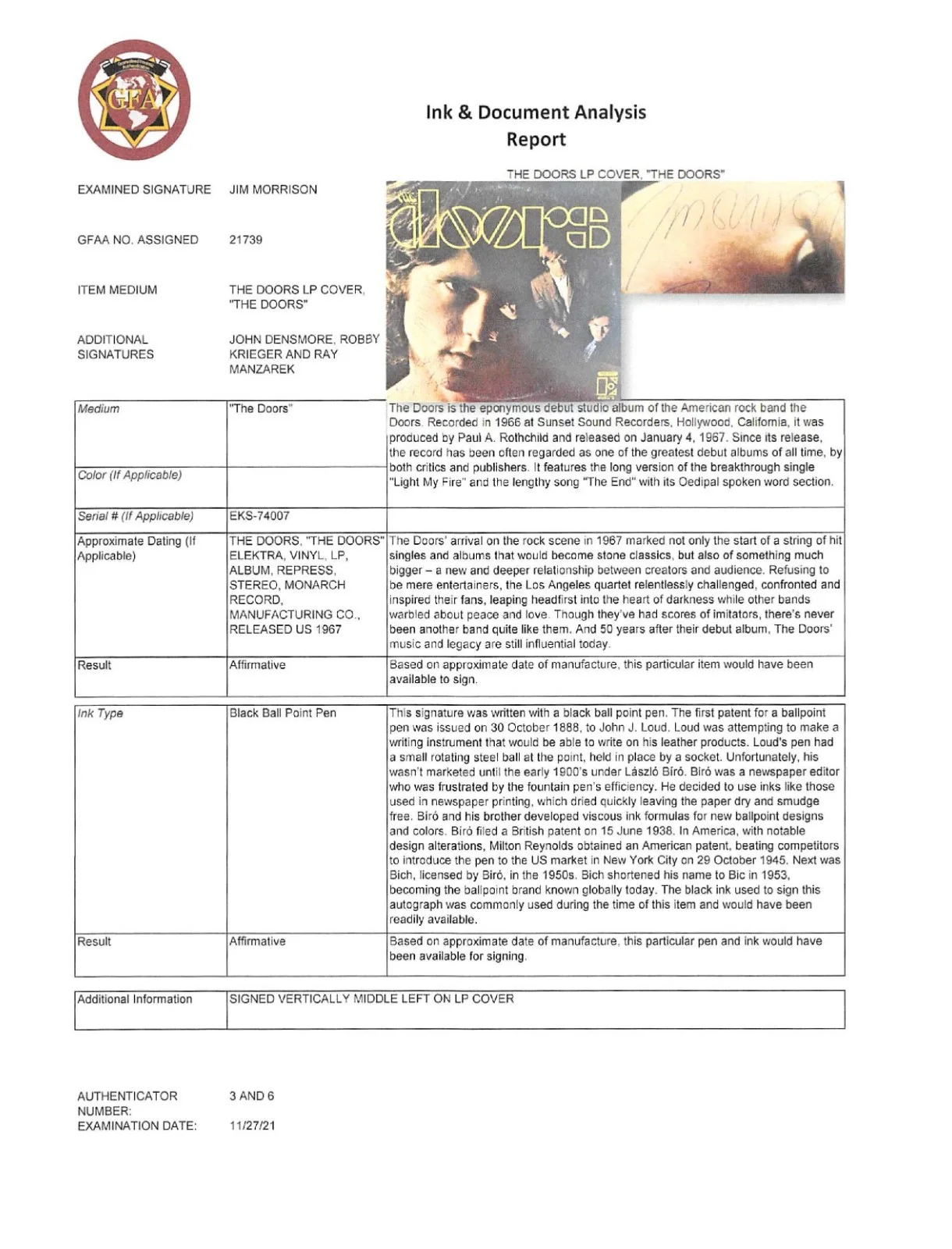 🔥 The Doors Debut Album Signed All 4 Morrison Manzarek Krieger Densmore 🔥, изображение 5