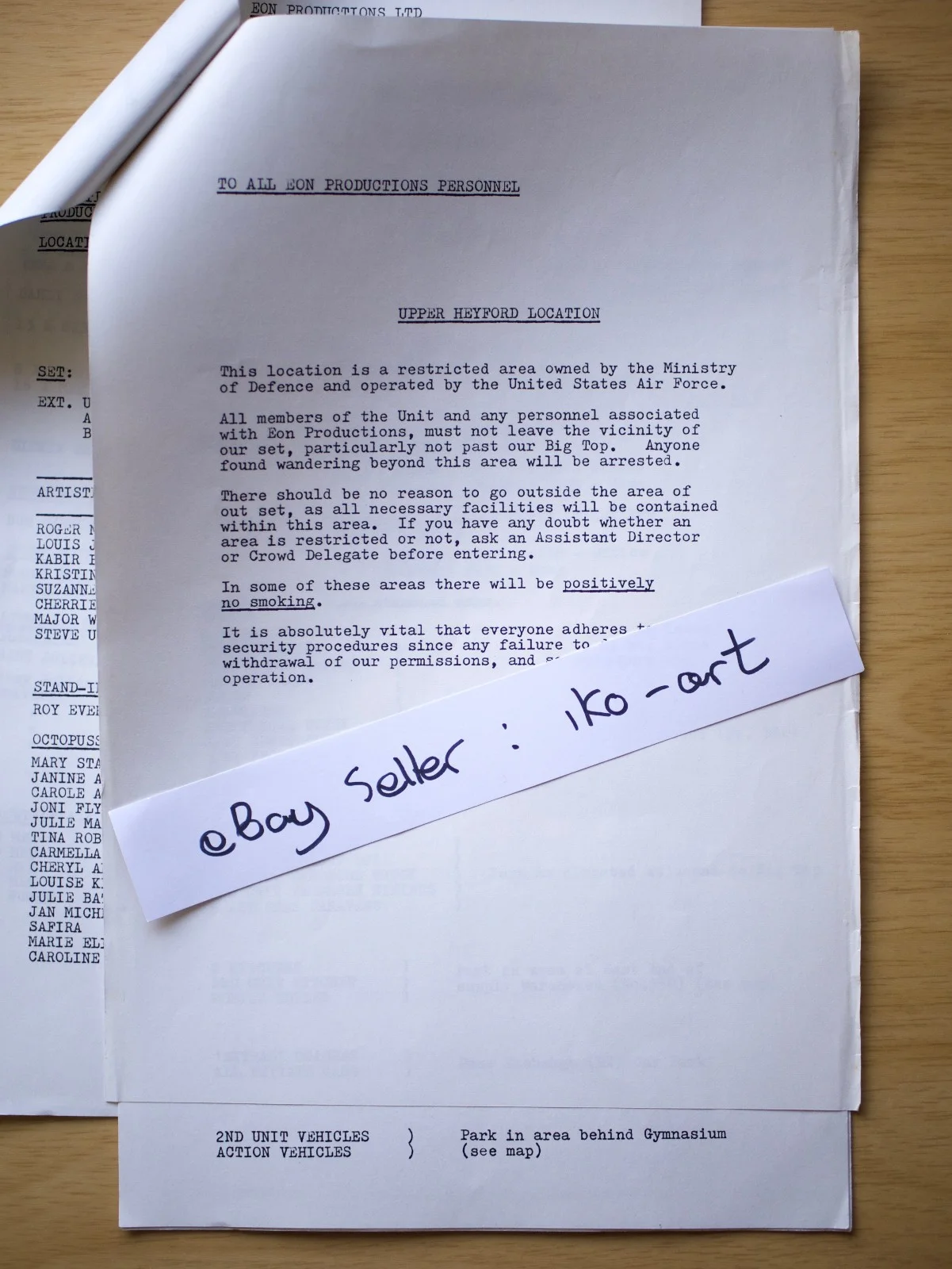 Octopussy Original Call Sheet No. 6 James Bond 007 RAF Upper Heyford, изображение 2
