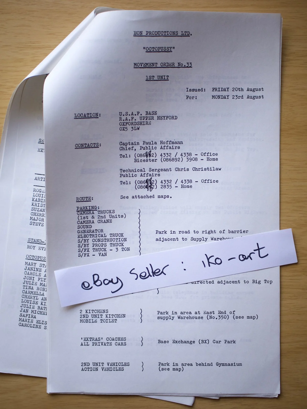 Octopussy Original Call Sheet No. 6 James Bond 007 RAF Upper Heyford, изображение 3