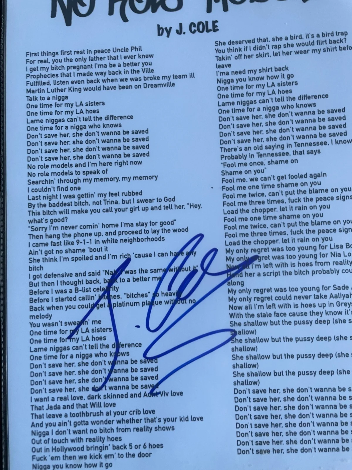 J COLE SIGNED SHEET LYRICS NO ROLE MODELZ DC/COA FULL SIGNATURE AUTO 10, изображение 2