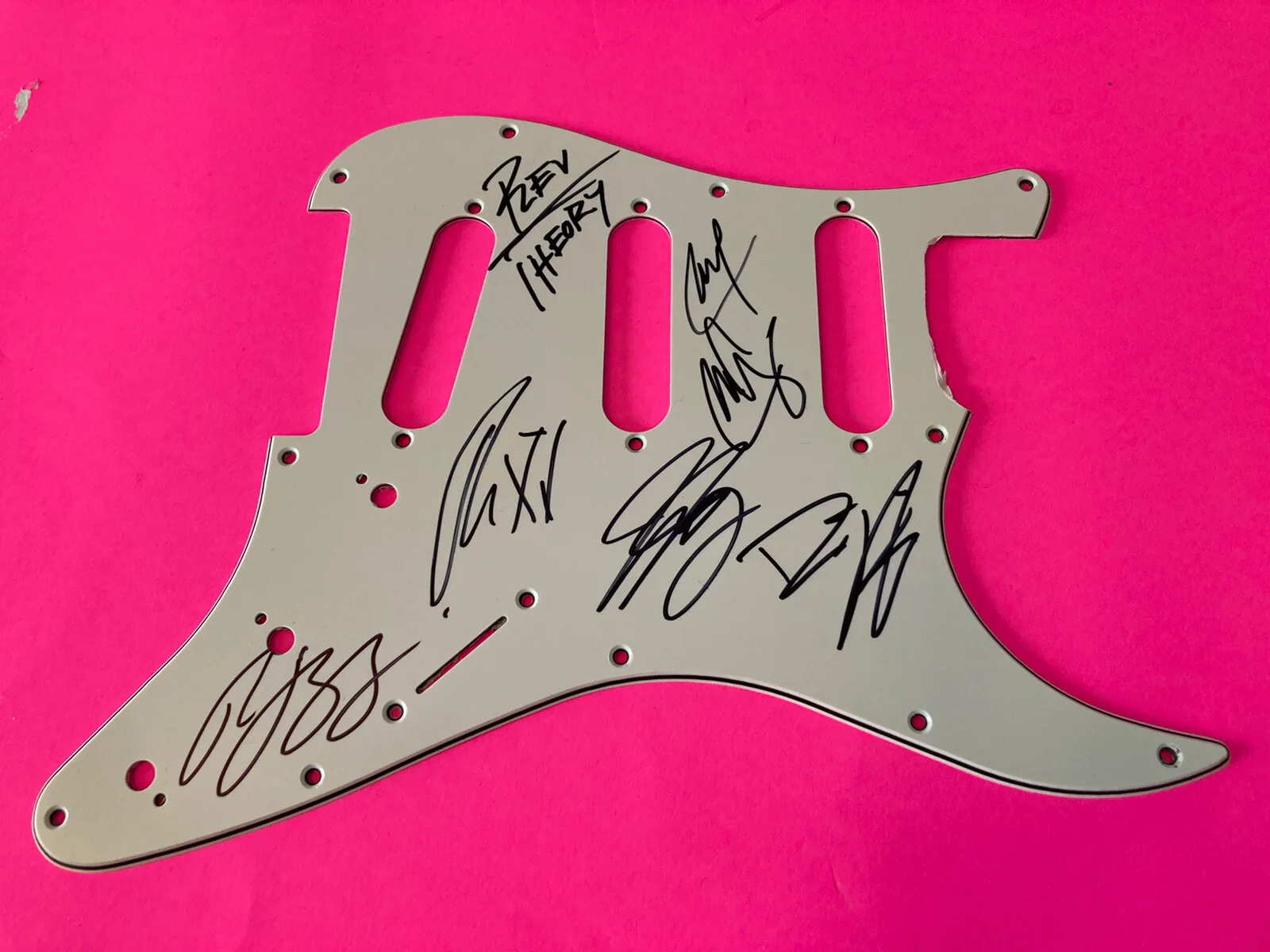 REV THEORY ENTIRE BAND SIGNED GUITAR PICKGUARD *EXACT PROOF*, image 2