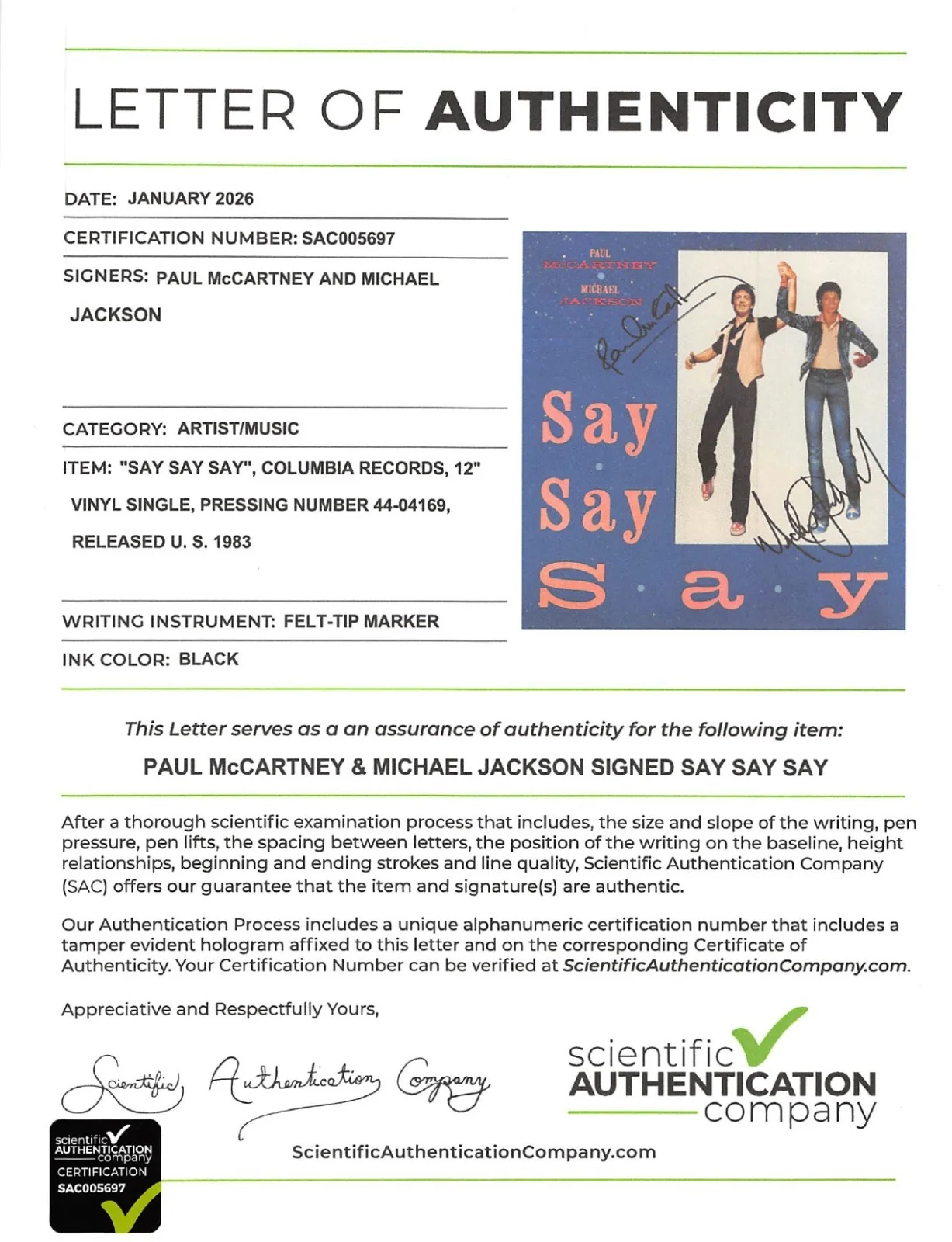 🔥 Say Say Say Album Signed Autograph Michael Jackson Paul McCartney 🔥, изображение 3