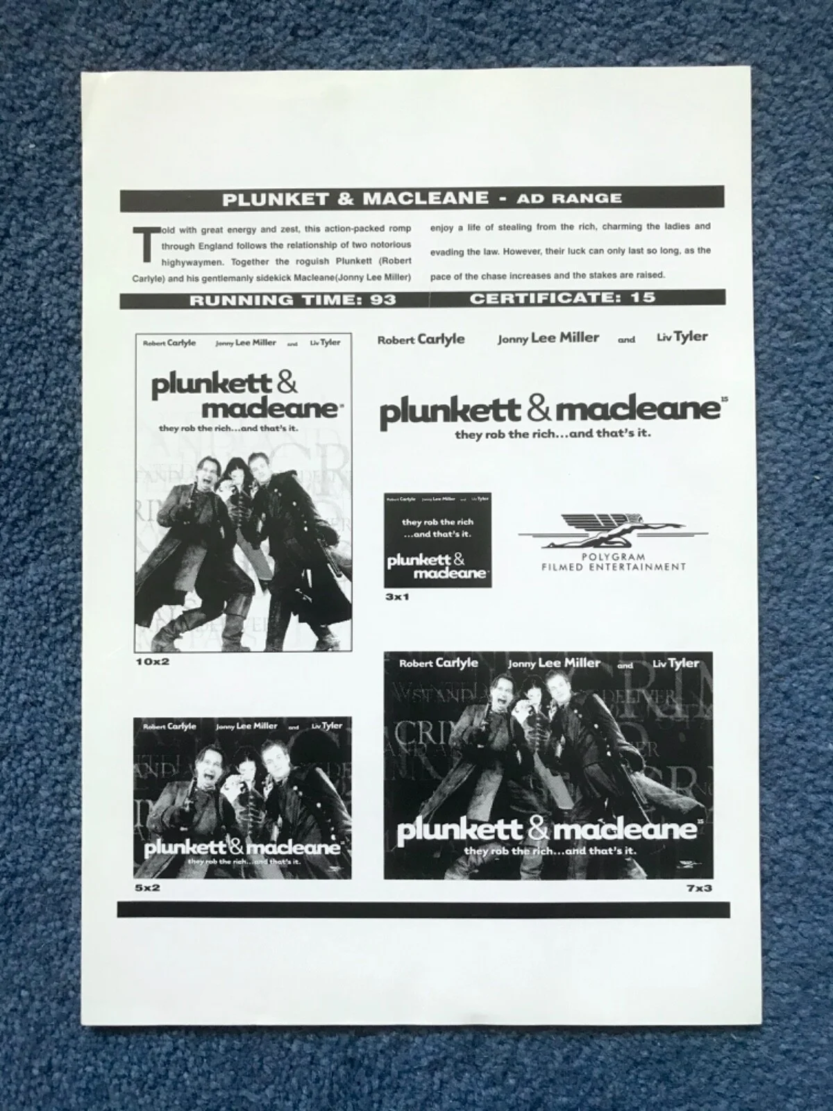 PLUNKETT & MACLEANE Movie 1999 Film Press Kit JOHNNY LEE MILLER ROBERT CARLYLE, изображение 3