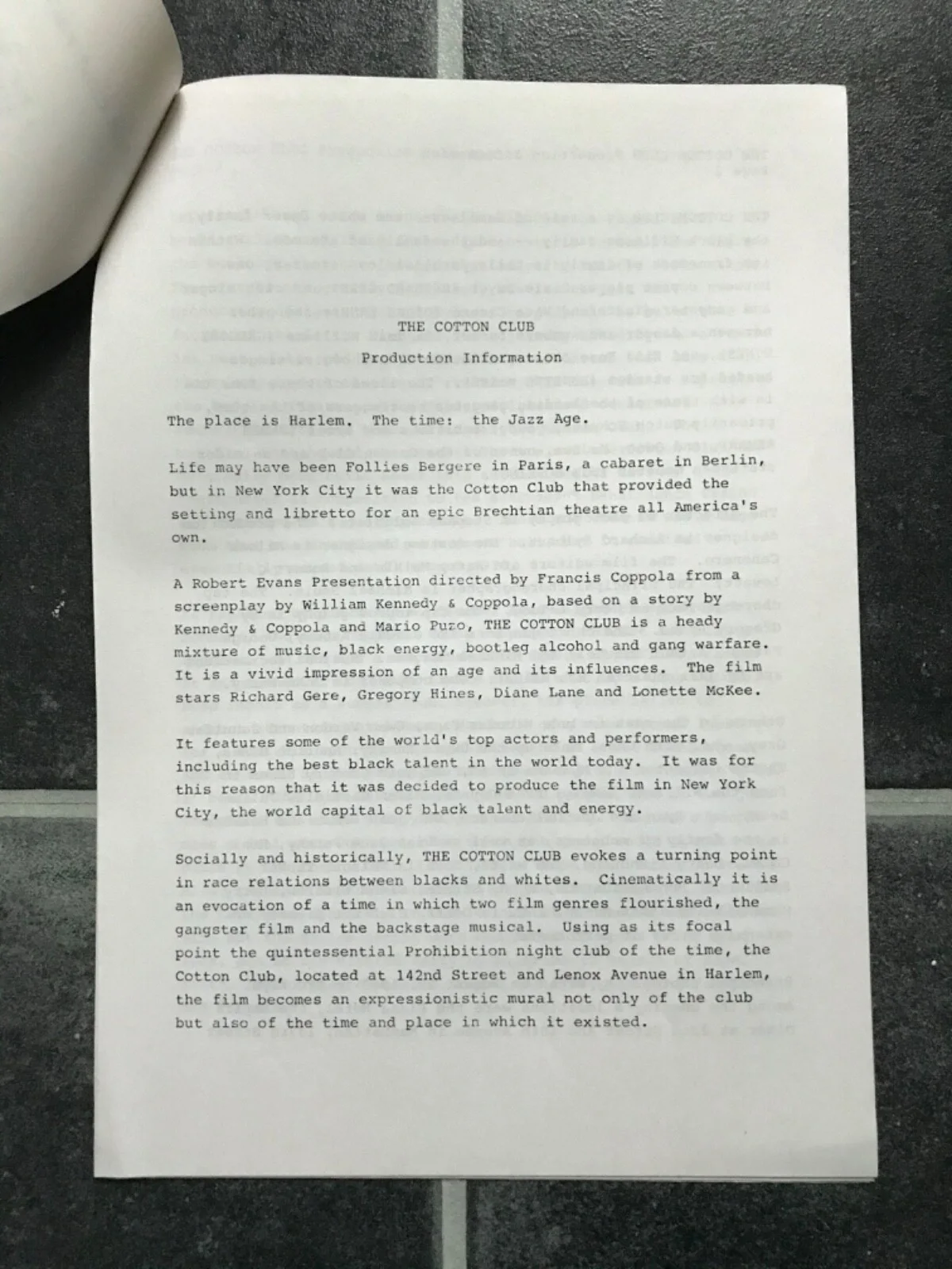COTTON CLUB Original Movie Press Kit NICHOLAS CAGE GREGORY HINDS RICHARD GERE, изображение 4