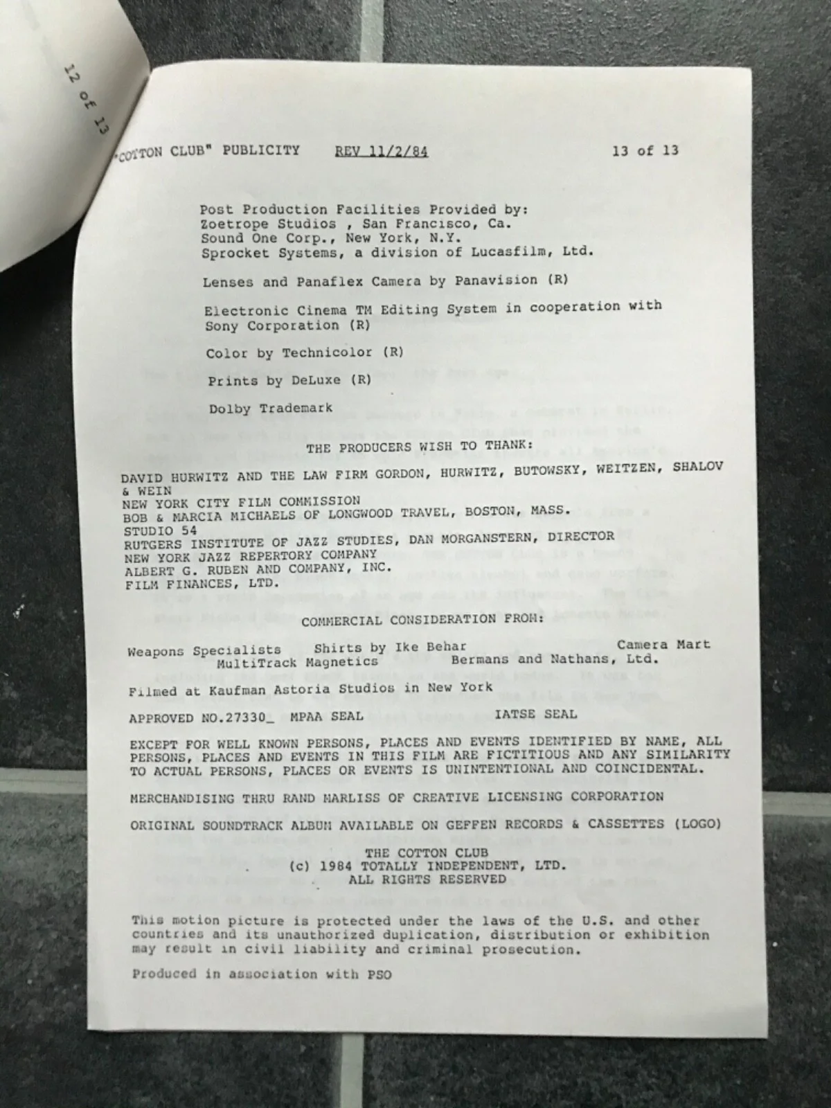 COTTON CLUB Original Movie Press Kit NICHOLAS CAGE GREGORY HINDS RICHARD GERE, изображение 5