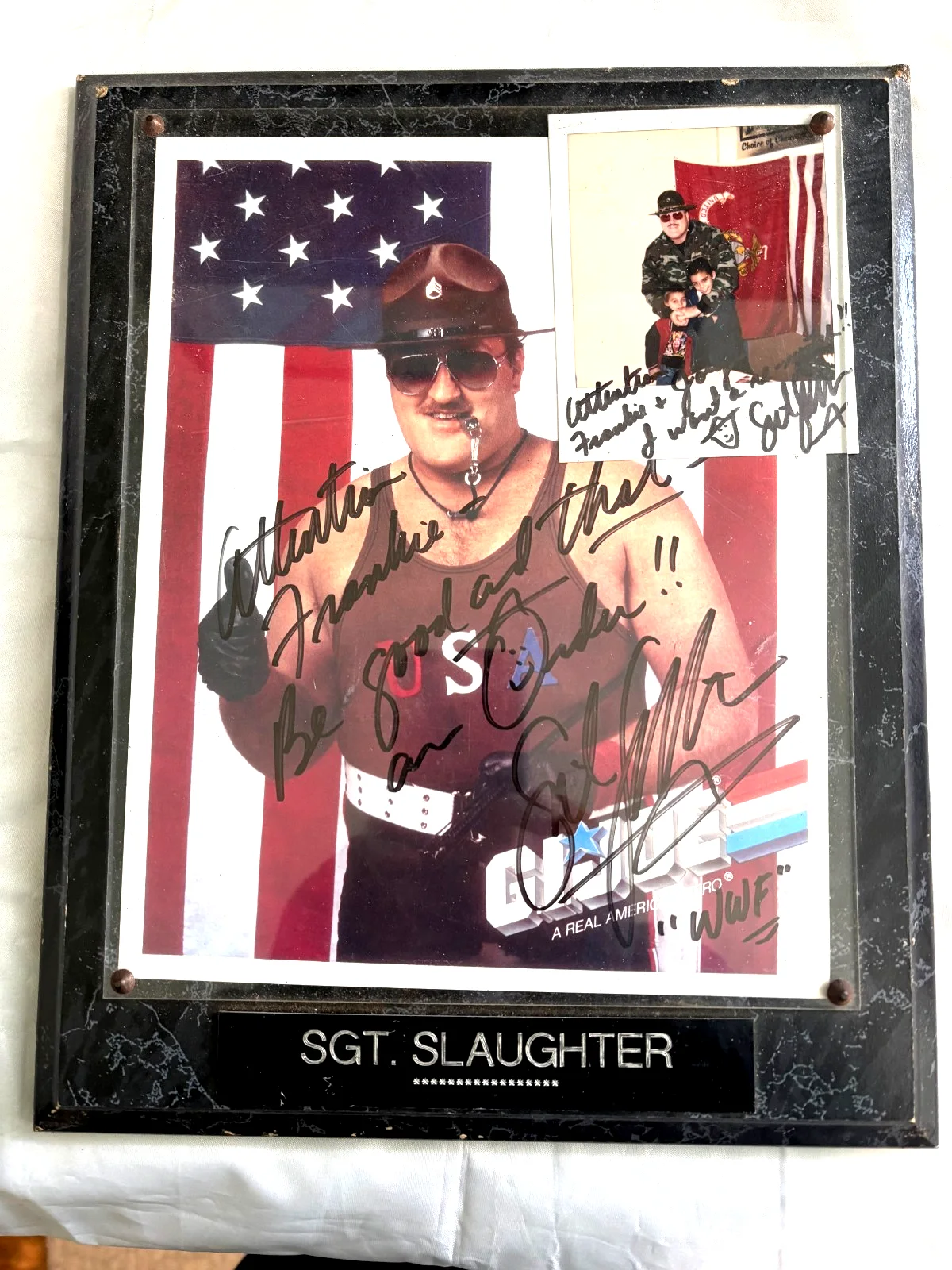 Sgt Slaughter — Sgt Slaughter Hand Signed 8 by 10 photo with small photo with kids (Framed) WoW